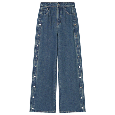 COVERINS复古蓝磨毛牛仔裤女直筒阔腿裤侧纽扣设计CC35520080
