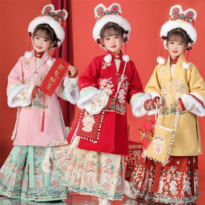 汉服儿童女冬季拜年风加绒加厚眀服套装小女孩古装新款兔年中国制