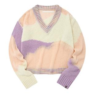 kirsh大樱桃春夏新款套头针织衫V领宽松抽象拼色甜美洋气韩版毛衣