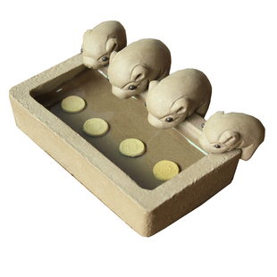 小猪喝水槽雕创意手工宜兴段泥四只猪茶宠玩摆件精品可养丰衣足食