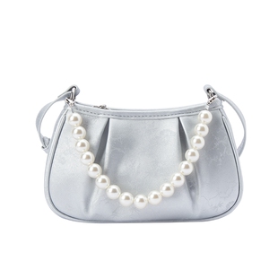 森马包包斜挎包女银色包包新中式褶皱饺子包优雅串珠国风单肩包潮