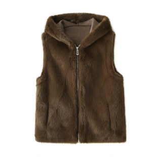 连帽马甲仿羊剪绒皮毛一体外套女秋冬水貂绒环保皮草毛毛坎肩背心