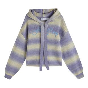 Fun2025秋冬季慵懒软糯套头条纹针织衫渐变马海毛连帽套头毛衣女