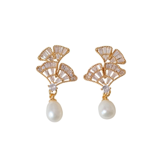 《银杏寄语》复古精致文艺锆石树叶水滴天然淡水珍珠耳钉耳环耳饰