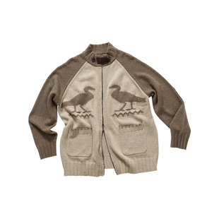 haiku“casa”Vintag感重工复古小鸭提花毛衣女 插肩袖刺绣开衫