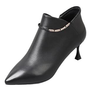 真皮靴子特大码女鞋41一43春秋新款短靴高跟鞋细跟尖头女靴单鞋42