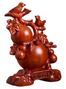 木雕葫芦摆件实木质福禄双喜办公室酒柜装饰客厅家居中式乔迁送礼