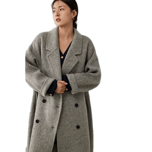 嘉茱莉灰色双面羊毛大衣高级感双面呢大衣女中长款赫本风毛呢外套
