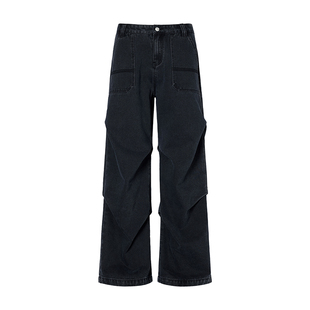 AWRB宽松阔腿褶皱牛仔裤男春秋季水洗深色口袋工装设计感休闲裤子