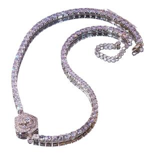 AU750白金D色莫桑石群镶满钻山茶花项链轻奢气质纯银18K金锁骨链