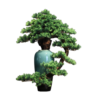 新中式仿真迎客松盆景绿植禅意摆件悬崖式盆栽陶瓷花瓶玄关桌茶室