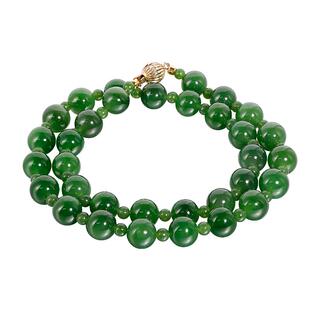 若华珠宝云翠=国潮菠菜绿和田玉碧玉项链女14K金玉石吊坠串珠颈饰