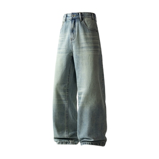 男士水洗做旧美式牛仔裤男款2026新款宽松直筒裤子刺绣休闲裤长裤