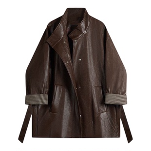 品牌折扣胖MM大码慵懒风宽松皮衣外套2026春季气质高级感风衣外套