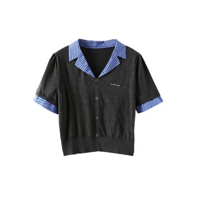 西町村屋假两件拼接短袖针织衫