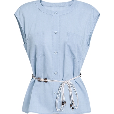 KBNE莱赛尔衬衫女淡蓝色无袖上衣2025夏季新款亚麻轻薄透气小衫女