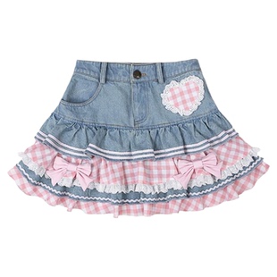Pink plaid patchwork bow denim skirt粉色格子蝴蝶结牛仔半身裙