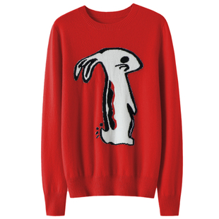 启超貌美年轻~明星同款少女羊绒衫女纯羊绒毛衣小白兔动物图案