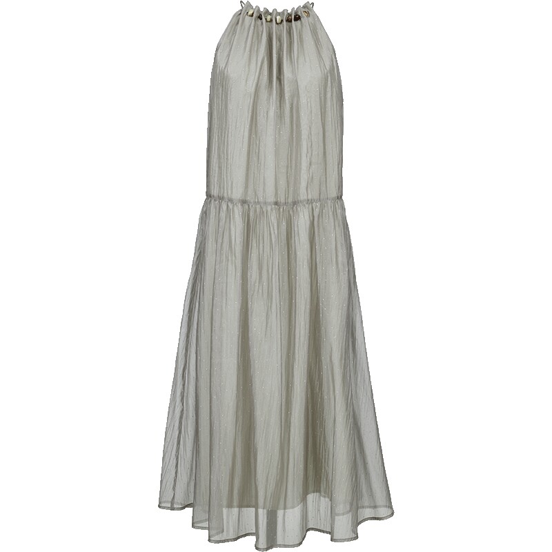 ONLY2026春季新款淡人H型串珠挂脖细闪烫钻压褶摆纱长连衣裙女