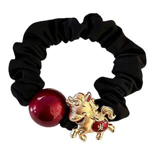 新年红色小马丸子头发圈头绳发饰女2026新款马年扎头发绳皮筋头饰