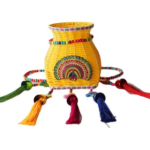 新款背篓民族风流苏小背篓手工编织采茶叶背篼儿童摄影舞蹈道具