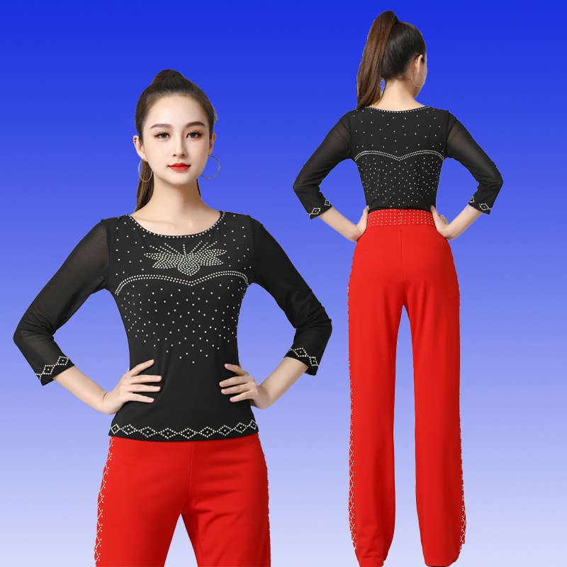 吉特巴舞蹈服新款春夏季烫钻舞服圆领彩钻广场舞表演弹力拉丁舞服