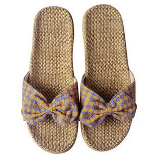 高跟蝴蝶结亚麻拖鞋女夏季家居室内厚底防滑家用坡跟凉拖鞋可外穿