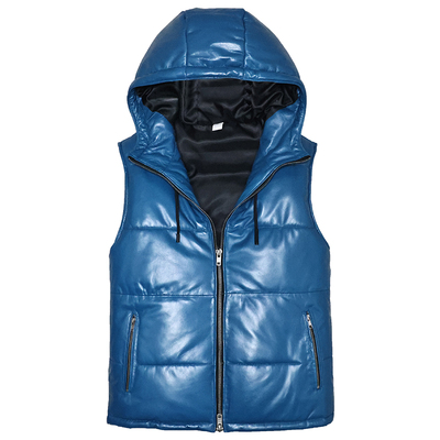 男女夹棉头层绵羊连帽真皮马甲