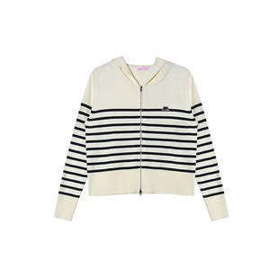 NOISY TEDDY 25年秋新款复古条纹女士连帽拉链针织衫舒适开衫毛衫