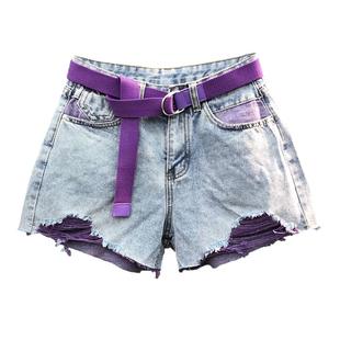 欧洲站2026夏季高腰显瘦撞色破烂牛仔短裤女宽松百搭毛边阔腿热裤