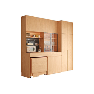 全实木餐边柜定制橡木客厅折叠餐桌一体洞洞板玻璃靠墙储物橱柜子