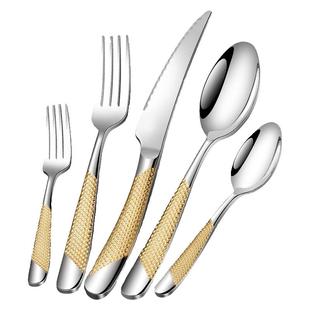 牛排刀叉西餐餐具三件套不锈钢金色高端刀叉勺牛排盘套装酒店商用