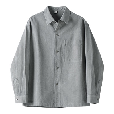 LUUD 男春辑明线按扣翻领长袖衬衣水洗原色重磅330g牛仔衬衫外套