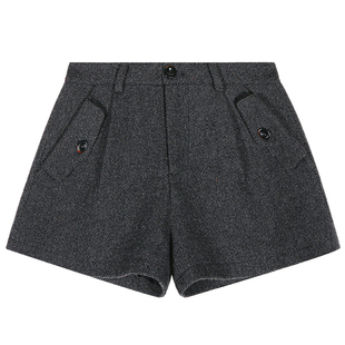 落落狷介 裤子女2025新款冬毛呢阔腿短裤小个子羊毛裤灰色设计感