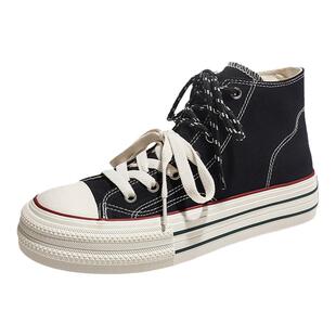 人本官方店2026春季新款女款高帮休闲帆布鞋百搭双色鞋带复古板鞋