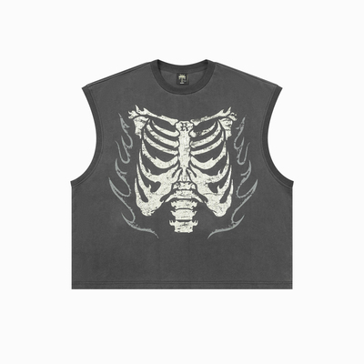 RESERFF舞女俱乐部 火焰骷髅 复古做旧坎肩短袖T恤男无袖潮流上衣