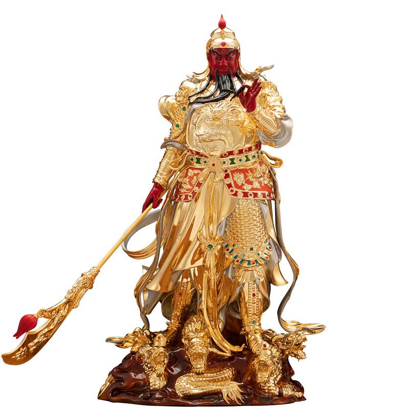 纯铜鎏金镶宝武财神关公神像摆件