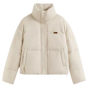 90白鹅绒羽绒服女短款2025冬新款高级感羊绒桑蚕丝立领外套面包服