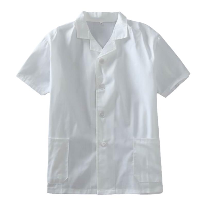 厨师服夏季薄款的确良短袖白大挂白色翻领后厨幼儿园食品厂工作服