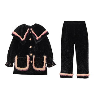 原创大翻领丝绒刺绣三层加厚夹棉睡衣两件套宽松加棉家居服冬新