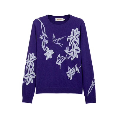 皮皮狗圆领撞色花朵提花羊绒衫