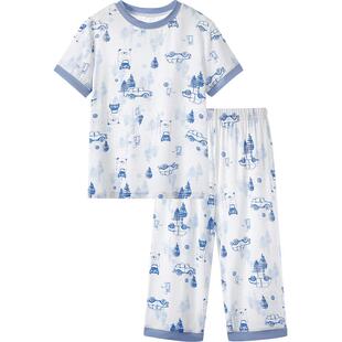 英氏儿童睡衣男童2026年新款春夏季薄款中大童短袖长裤居家服套装