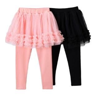 春秋装假两件一体裙裤女童洋气网纱蓬蓬裙甜美纯色蛋糕裙打底长裤