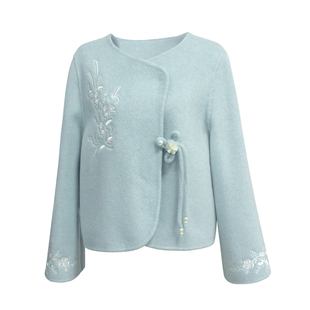 纻衣蓝色刺绣国风盘扣流苏双面羊毛呢短款外套女2025秋冬新款上衣