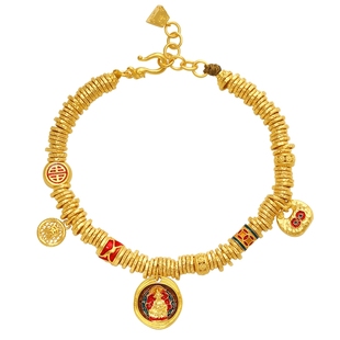 潮宏基臻金珍藏黄财神黄金手链足金古法金正反双面盘缠金 卟