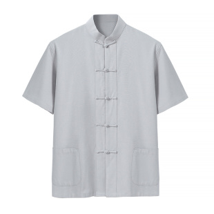 中国风纯棉粗布中式唐装男青年短袖上衣中老年汉服夏季盘扣太极服