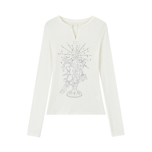 FireGolden炉2025秋冬烫钻logo童趣印花烫钻多色修身打底衫长袖女