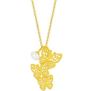 潮宏基s925银珍珠项链银饰坠链蝴蝶颈饰套链法式风通勤送女友