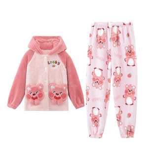 女童睡衣法兰绒秋冬季加绒加厚珊瑚绒儿童睡袍长款小女孩套装冬款