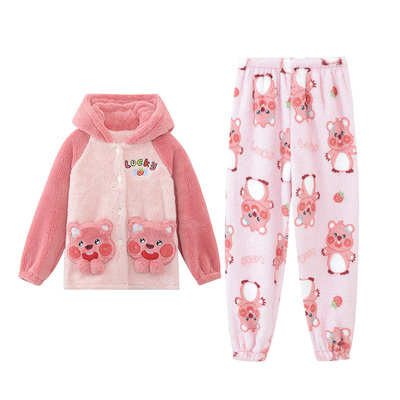 女童法兰绒睡衣秋冬季睡袍套装